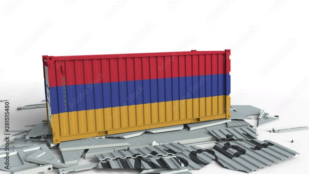 Poster container with flag of armenia breaks container with import text. conceptual 3d animation