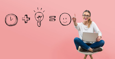 Time plus idea equals happy with young woman using her laptop