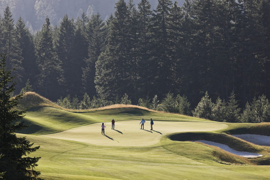 Senior Couples Playing Golf On Golf Course