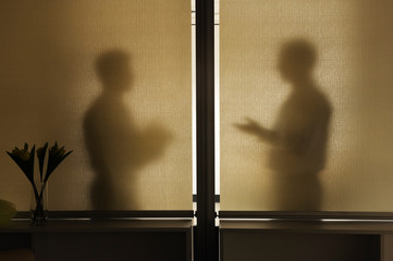 Shadows of businessmen in meeting behind window