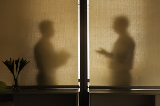 Shadows of businessmen in meeting behind window