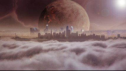 Large planet rising over city skyline in a futuristic world	 - obrazy, fototapety, plakaty