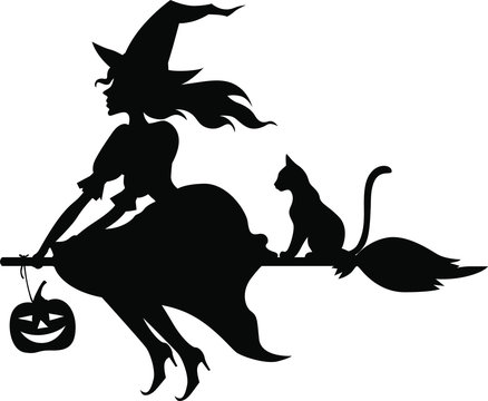 Vector illustrations of silhouette witch with hat on broom fly and cat