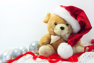 Christmas card with symbol of the year 2020 a rat in a red Santa hat on a white background.