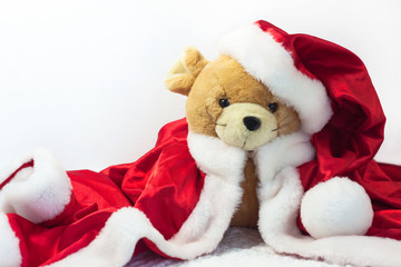 Christmas card with symbol of the year 2020 a rat in a red Santa hat on a white background.