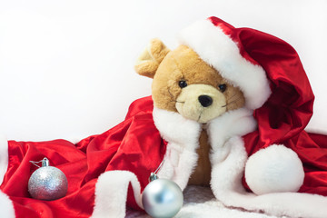 Christmas card with symbol of the year 2020 a rat in a red Santa hat on a white background.