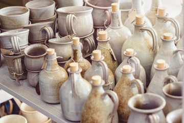 Fototapeta na wymiar Pottery ceramics handmade artistic bottles
