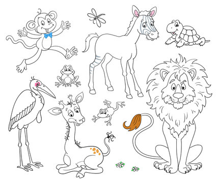 Set of funny african animals in cartoon style. Black and white picture with color accents. Isolated on white background. For coloring.