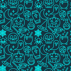 Halloween neon color elements on dark background. Seamless pattern for wallpaper, web sites,wrapping paper,for fashion prints, fabric, design.
