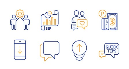 Talk bubble, Swipe up and Dating chat line icons set. Parking payment, Scroll down and Report document signs. Employees teamwork, Quick tips symbols. Chat message, Scrolling page. Vector