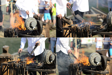 Fototapeta Kowalstwo, rozpalanie paleniska, publiczny pokaz, kolaż z 4 zdjęć. obraz