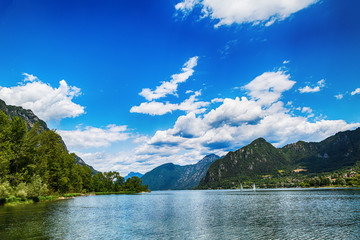 Fototapeta na wymiar Tourist attraction with Beatiful view of lake of Idro in north of Italy
