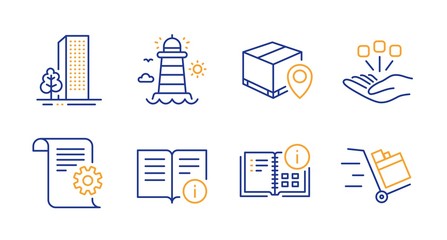 Buildings, Instruction info and Lighthouse line icons set. Technical documentation, Consolidation and Technical info signs. Parcel tracking, Push cart symbols. City architecture, Project. Vector