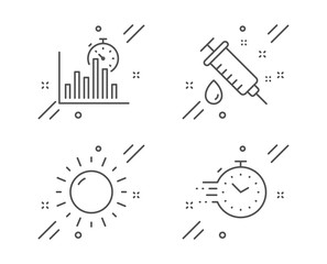 Medical syringe, Report timer and Sunny weather line icons set. Timer sign. Vaccination, Growth chart, Sun. Deadline management. Science set. Line medical syringe outline icon. Vector