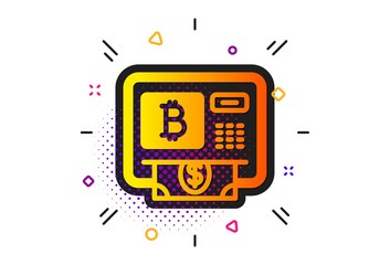 Cryptocurrency cash sign. Halftone circles pattern. Bitcoin ATM icon. Dollar money symbol. Classic flat bitcoin atm icon. Vector