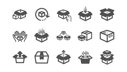 Box icons. Package, delivery boxes, cargo box. Cargo distribution, export boxes, return parcel icons. Shipment of goods, open package. Classic set. Quality set. Vector