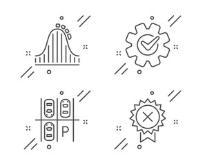 Cogwheel, Roller coaster and Parking place line icons set. Reject medal sign. Engineering tool, Attraction park, Transport. Award rejection. Technology set. Line cogwheel outline icon. Vector