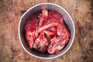 Overhead view of meat in metal bowl