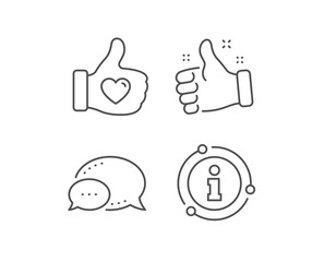 Obraz premium Like hand line icon. Chat bubble, info sign elements. Thumbs up finger sign. Brand ambassador gesture symbol. Linear like hand outline icon. Information bubble. Vector