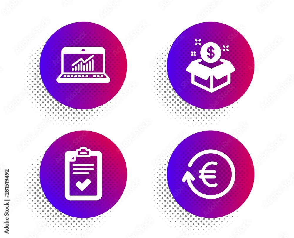 Poster checklist, post package and online statistics icons simple set. halftone dots button. exchange curre