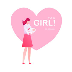 Vector gradient modern flat baby shower illustration. Mother holding newborn with pink heart shape frame and it's girl text isolated on white. Design element for invitation card, announcement.