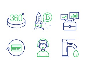 Refund commission, Consultant and 360 degrees line icons set. Bitcoin project, Business portfolio and Tap water signs. Cashback card, Call center, Full rotation. Cryptocurrency startup. Vector