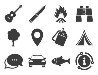 Fishing, campfire and tent signs. Discount offer tag, chat, info icon. Camping, tourism icons. Guitar music, knife and binoculars instruments. Classic style signs set. Vector