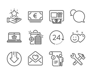 Set of Business icons, such as 24 hours, Smile, Download arrow, Manual doc, Atm, Online shopping, Seo shopping, Loyalty program, Love letter, Spanner tool, Messenger, Euro currency. Vector