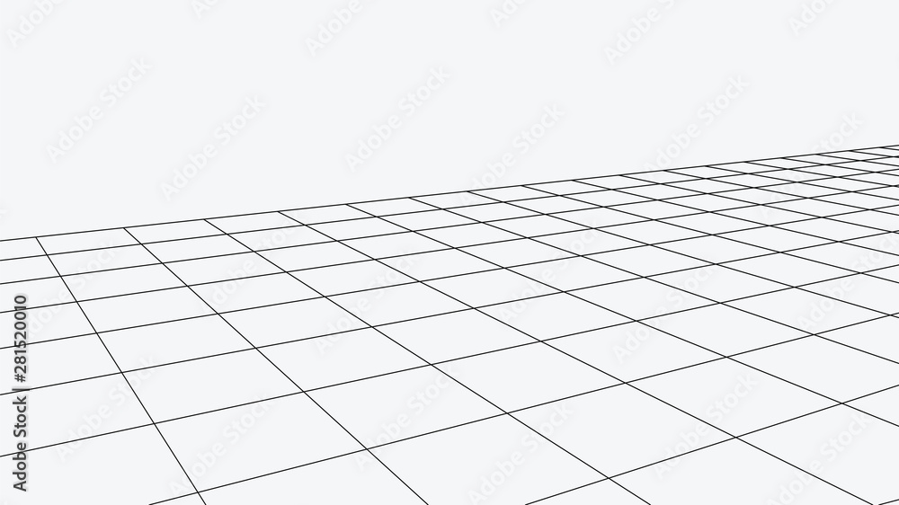 Poster Vector perspective grid. Abstract wireframe landscape. Detailed lines on white background. 3d vector illustration.