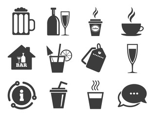 Coffee and tea drinks. Discount offer tag, chat, info icon. Cocktail, beer icons. Soft and alcohol drinks symbols. Classic style signs set. Vector
