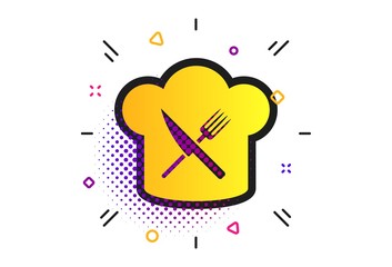 Chef hat sign icon. Halftone dots pattern. Cooking symbol. Cooks hat with fork and knife. Classic flat restaurant icon. Vector