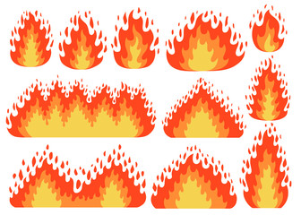 Set of fire flame icon in cartoon and flat style. Isolated object in different forms.