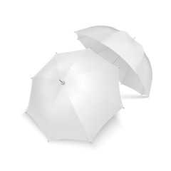 Vector 3d Realistic Render White Blank Umbrella Icon Set Closeup Isolated on White Background. Design Template of Opened Parasols for Mock-up, Branding, Advertise etc. Top and Front View