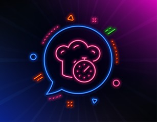 Cooking timer line icon. Neon laser lights. Frying stopwatch sign. Food preparation symbol. Glow laser speech bubble. Neon lights chat bubble. Banner badge with cooking timer icon. Vector