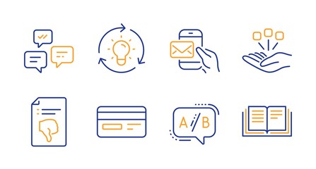 Messenger mail, Idea and Ab testing line icons set. Consolidation, Credit card and Chat messages signs. Thumb down, Education symbols. New e-mail, Lightbulb. Technology set. Vector
