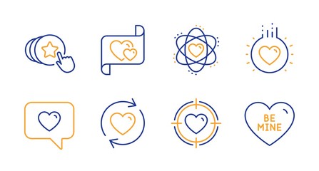 Atom, Hold heart and Love line icons set. Update relationships, Love message and Valentine target signs. Be mine symbol. Electron, Heart. Love set. Line atom icon. Vector