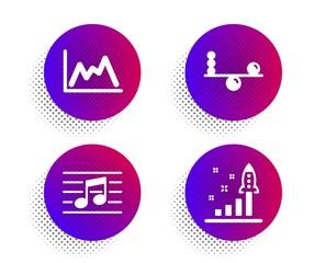 Balance, Musical note and Diagram icons simple set. Halftone dots button. Development plan sign. Concentration, Music, Growth graph. Strategy. Education set. Classic flat balance icon. Vector