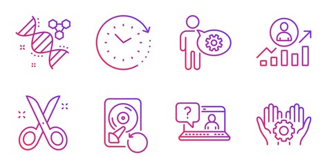 Chemistry dna, Recovery hdd and Career ladder line icons set. Cogwheel, Scissors and Faq signs. Time change, Employee hand symbols. Chemical formula, Backup info. Science set. Vector