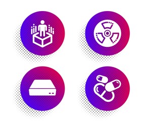 Chemical hazard, Augmented reality and Mini pc icons simple set. Halftone dots button. Capsule pill sign. Toxic, Virtual reality, Computer. Medicine drugs. Science set. Vector