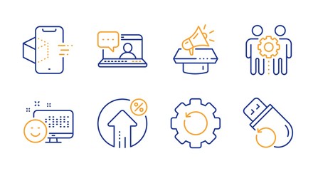 Friends chat, Megaphone and Augmented reality line icons set. Recovery gear, Smile and Employees teamwork signs. Loan percent, Flash memory symbols. Message, Brand advertisement. Vector