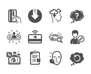Set of Technology icons, such as Face search, Question mark, Recovery data, Download arrow, Payment card, Search car, Edit person, Contactless payment, Reject checklist, Mindfulness stress. Vector