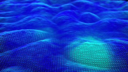 Cybernetic futuristic background. Big data visualization. Technological 3D landscape. Abstract grid illustration. 3D rendering.