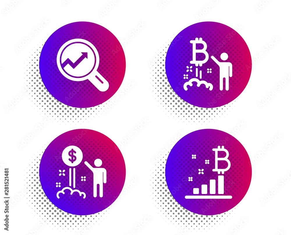 Poster income money, analytics and bitcoin project icons simple set. halftone dots button. bitcoin graph si