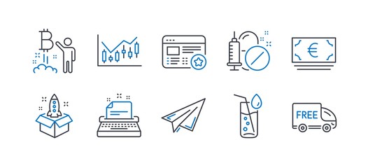 Set of Business icons, such as Water glass, Startup, Paper plane, Favorite, Bitcoin project, Typewriter, Euro currency, Medical drugs, Financial diagram, Free delivery line icons. Vector