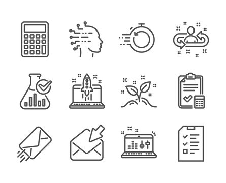 Set of Education icons, such as Interview, Fast recovery, Artificial intelligence, Accounting checklist, Startup concept, Chemistry lab, Start business, Open mail, Calculator, Recruitment. Vector - Powered by Adobe