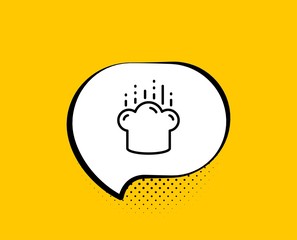 Cooking hat line icon. Comic speech bubble. Chef sign. Food preparation symbol. Yellow background with chat bubble. Cooking hat icon. Colorful banner. Vector