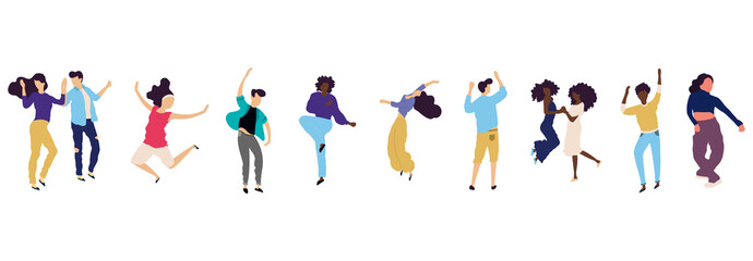 Crowd of young people dancing at club. Big set of characters having fun at party. Flat colorful vector illustration.