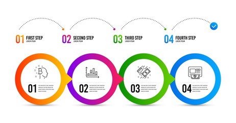 Diagram graph, Payment and Bitcoin think line icons set. Timeline infographic. Atm sign. Presentation chart, Money, Cryptocurrency head. Money withdraw. Finance set. Diagram graph icon. Vector