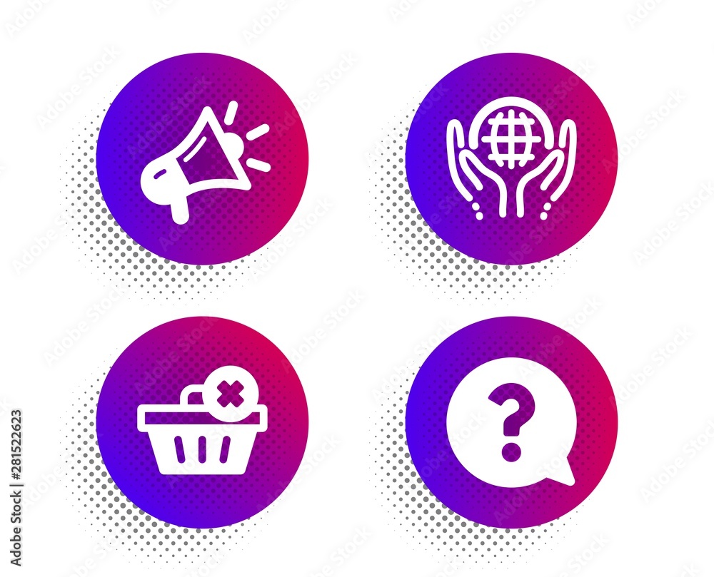 Poster delete order, organic tested and megaphone icons simple set. halftone dots button. question mark sig