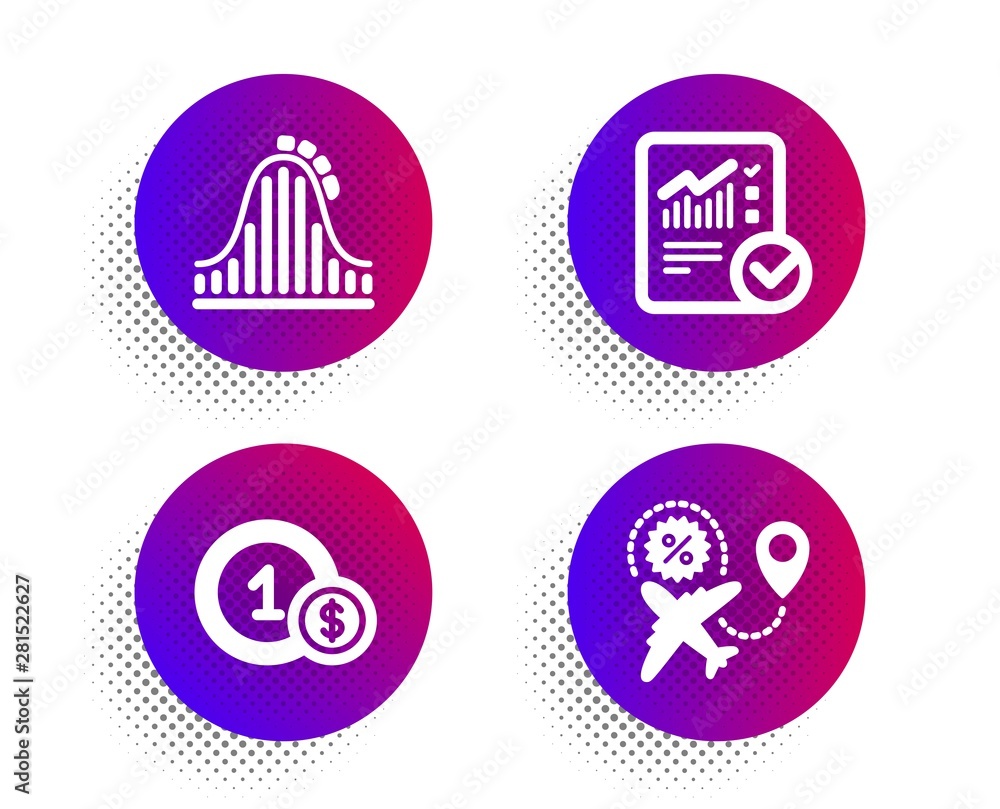 Poster checked calculation, roller coaster and usd coins icons simple set. halftone dots button. flight sal